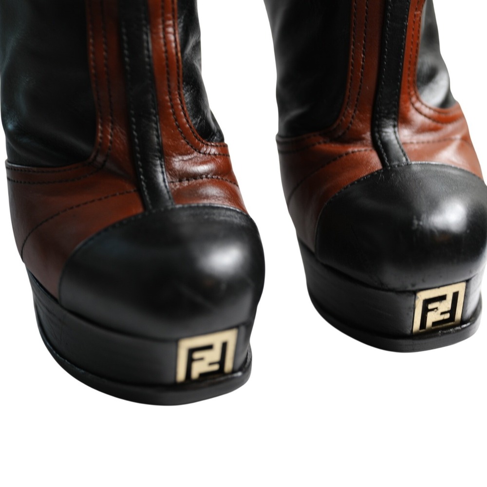 Fendi Black Brown Leather Platform Ankle Boots FF Logo Stiletto Heel 39 Italy - Picture 8 of 10